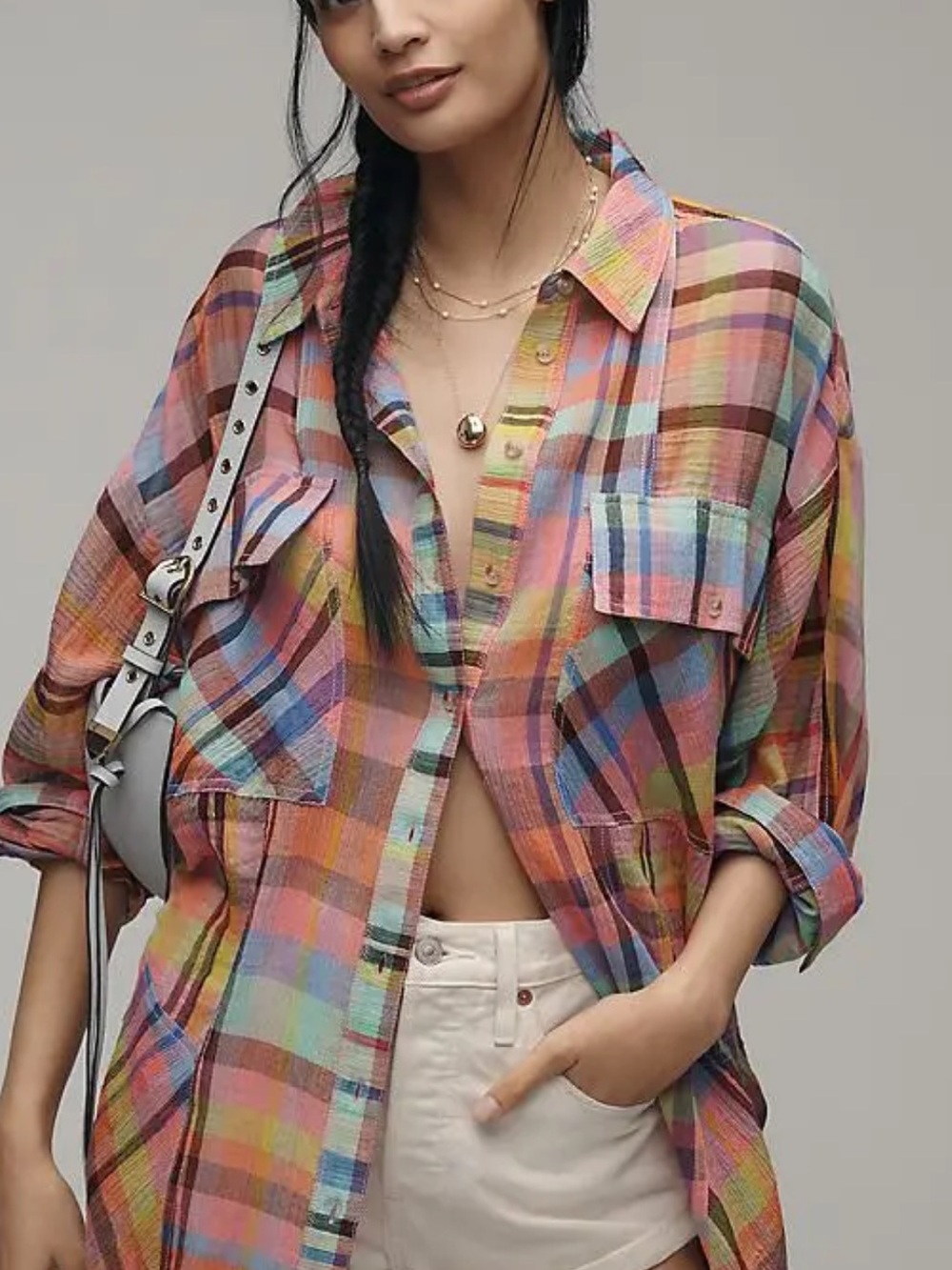 Anthropologie Pilcro Pastel Multicolor Madras Oversized Button-Down Shirt